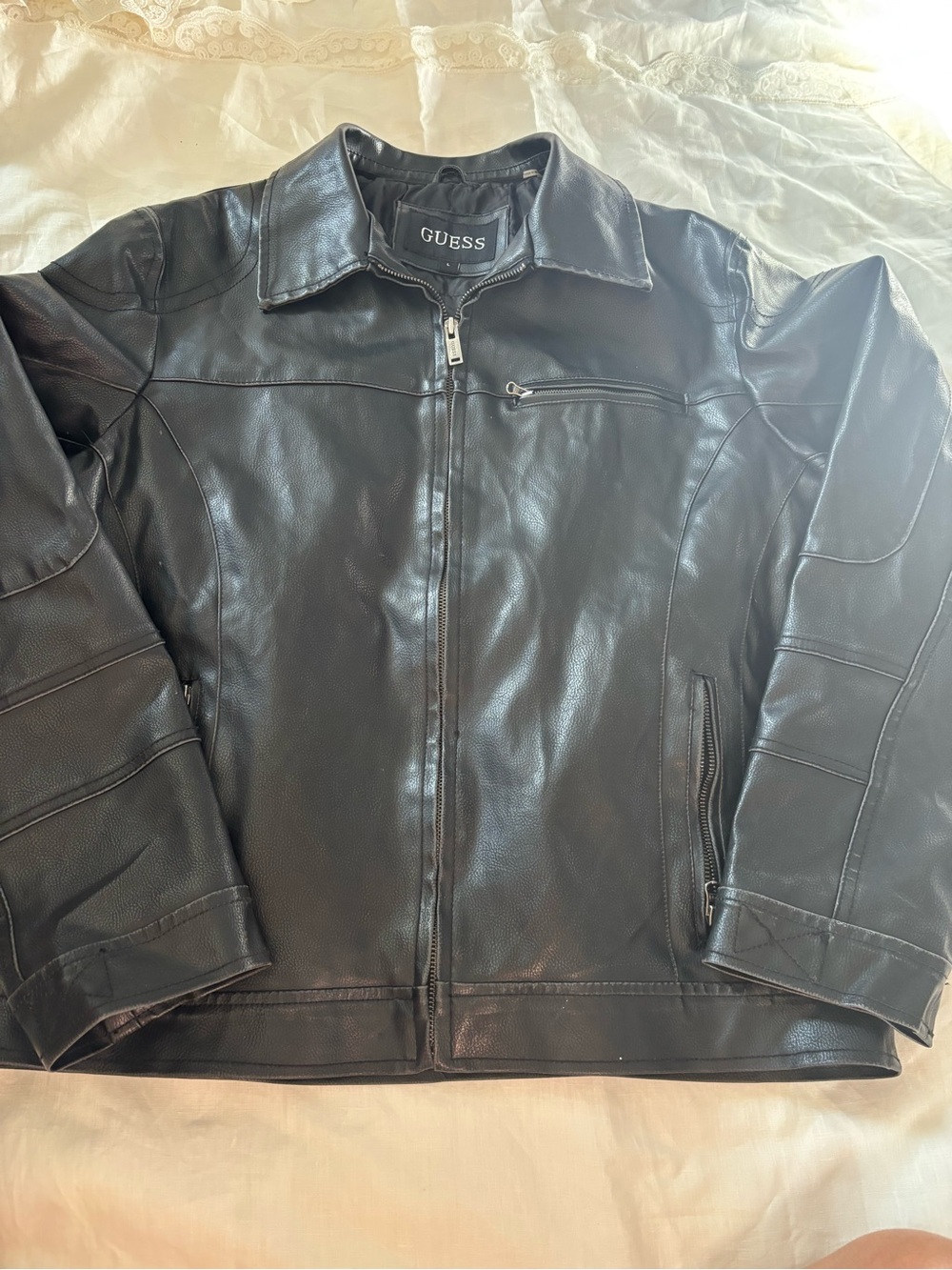 GUESS Men’s Black faux Leather Zip Front Jacket large